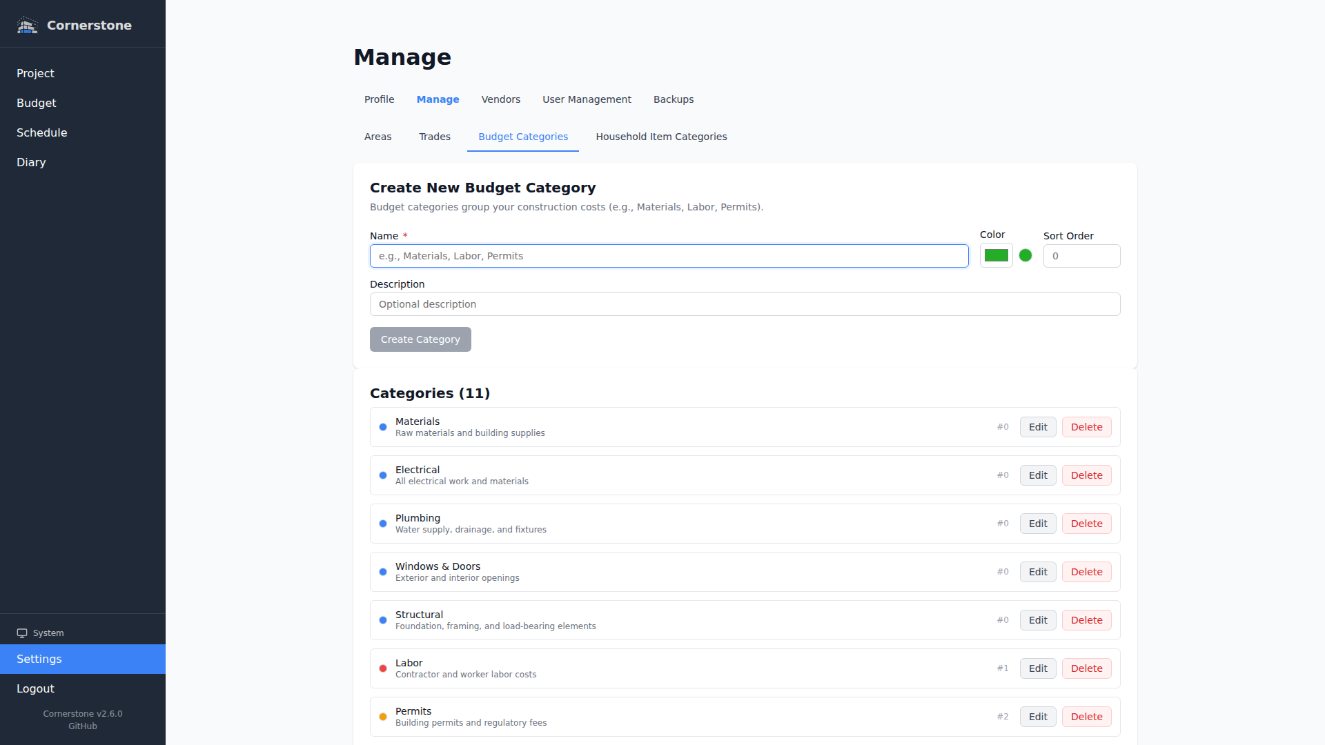 Budget categories page
