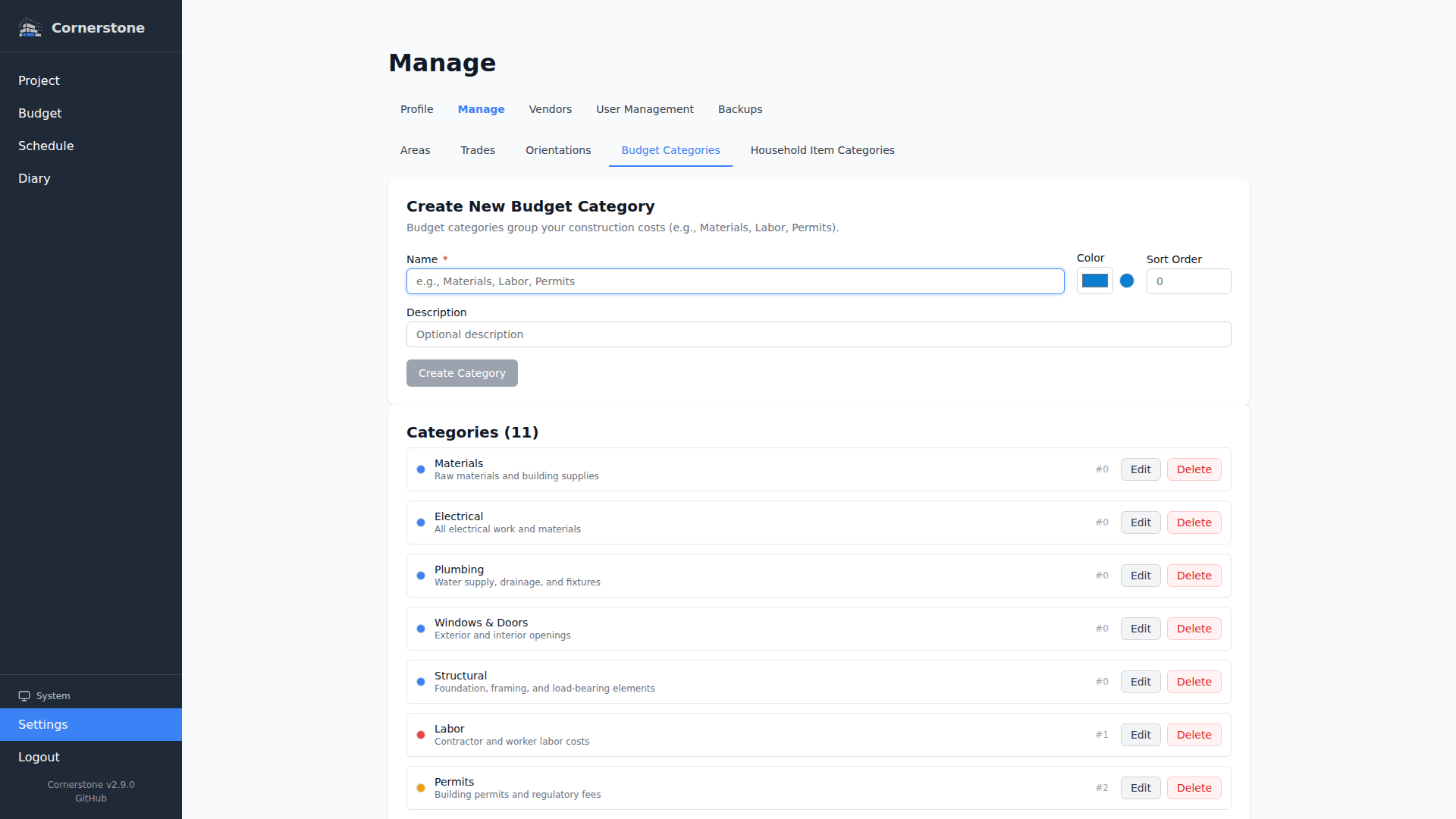 Budget categories page