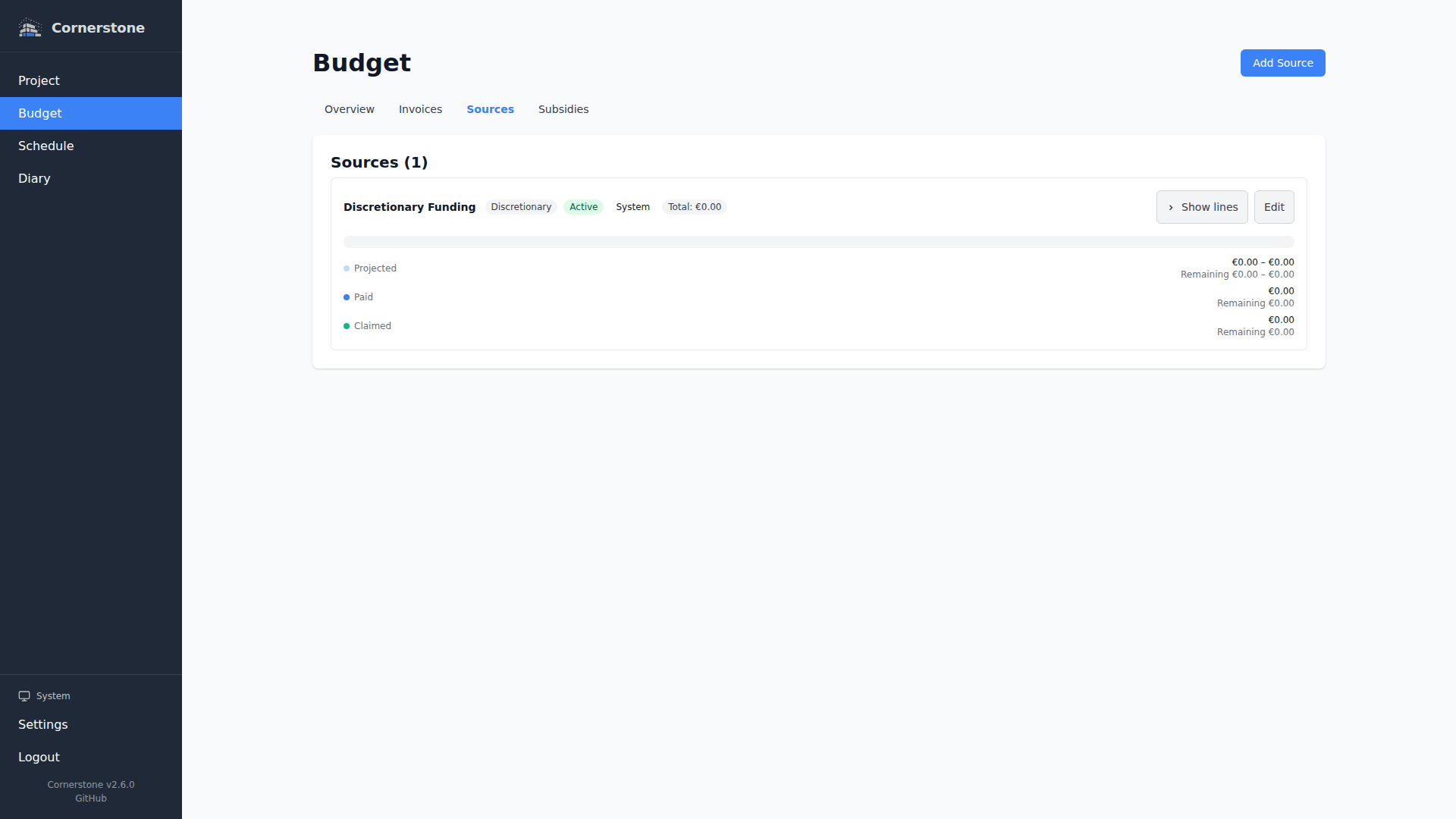 Financing sources page with inline expansion