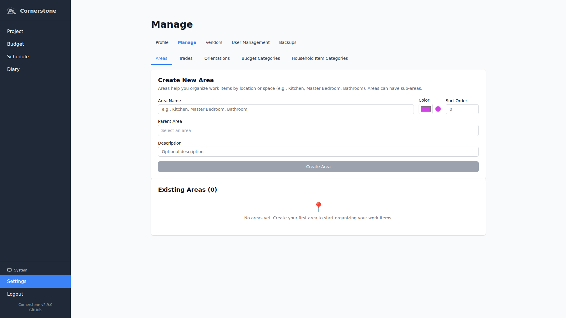 Manage page with areas and trades