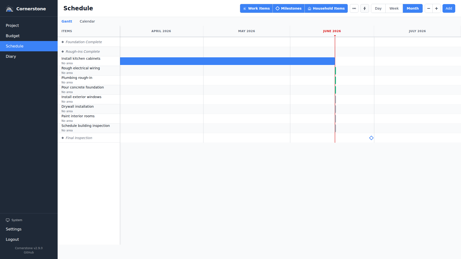 Gantt chart with dependency arrows and critical path