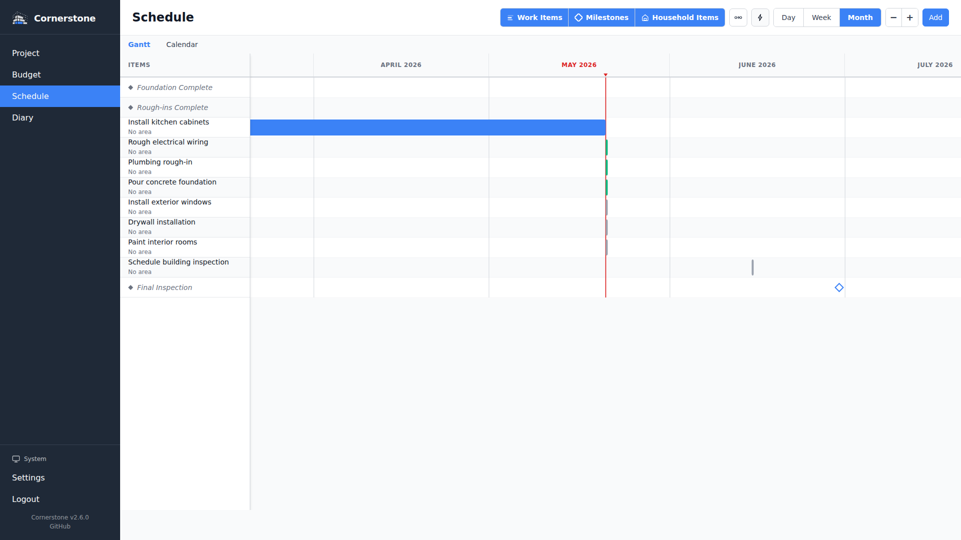 Gantt chart with dependency arrows and critical path