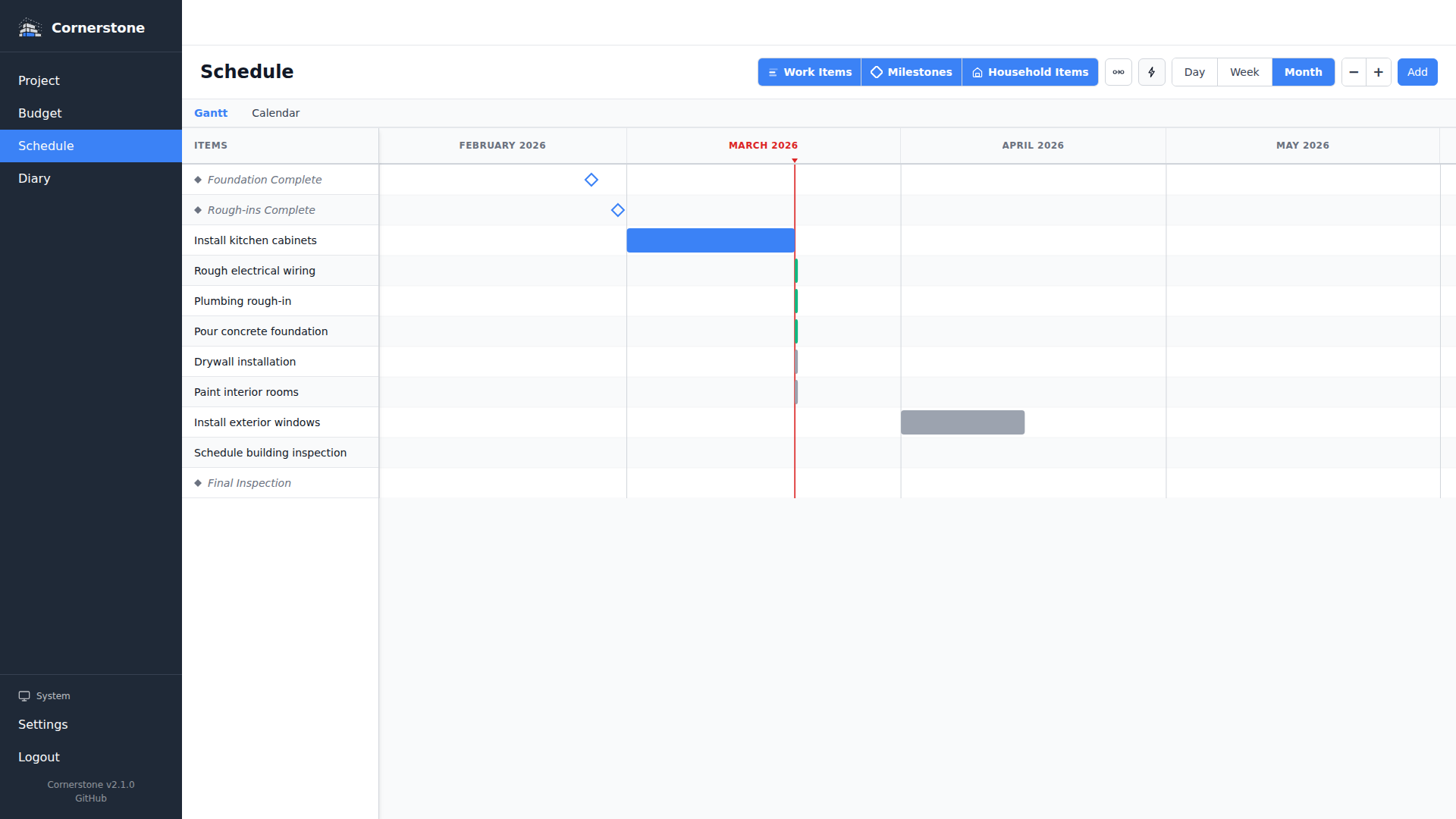 Gantt chart with dependency arrows and critical path