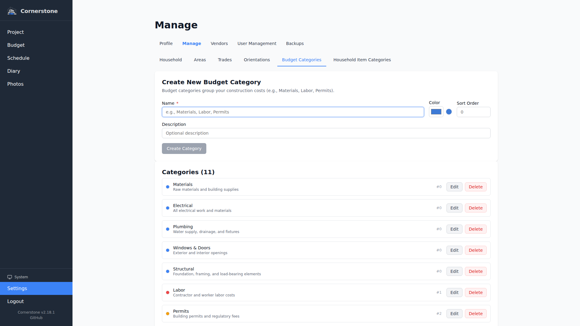 Budget categories page
