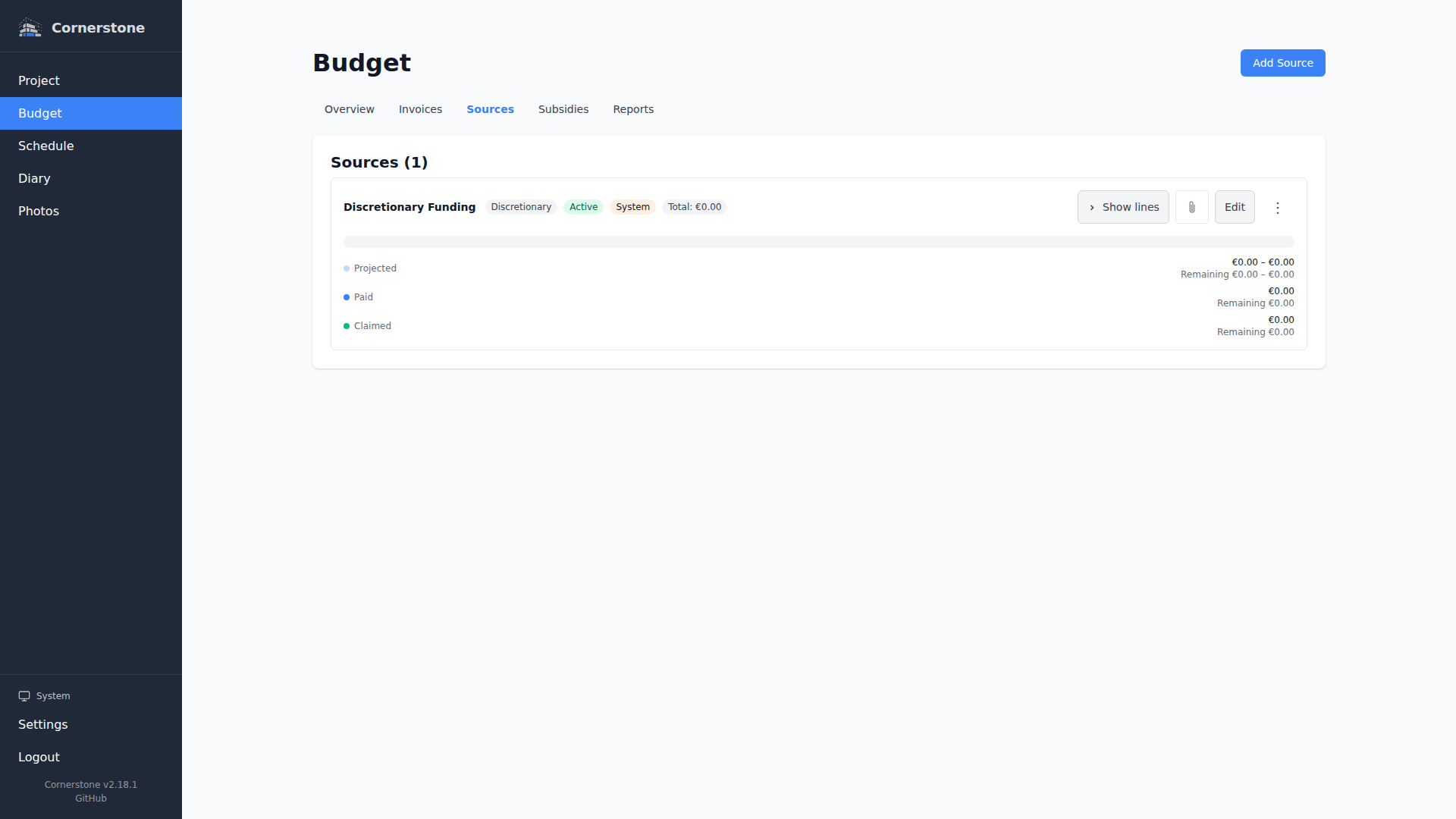 Financing sources page with inline expansion